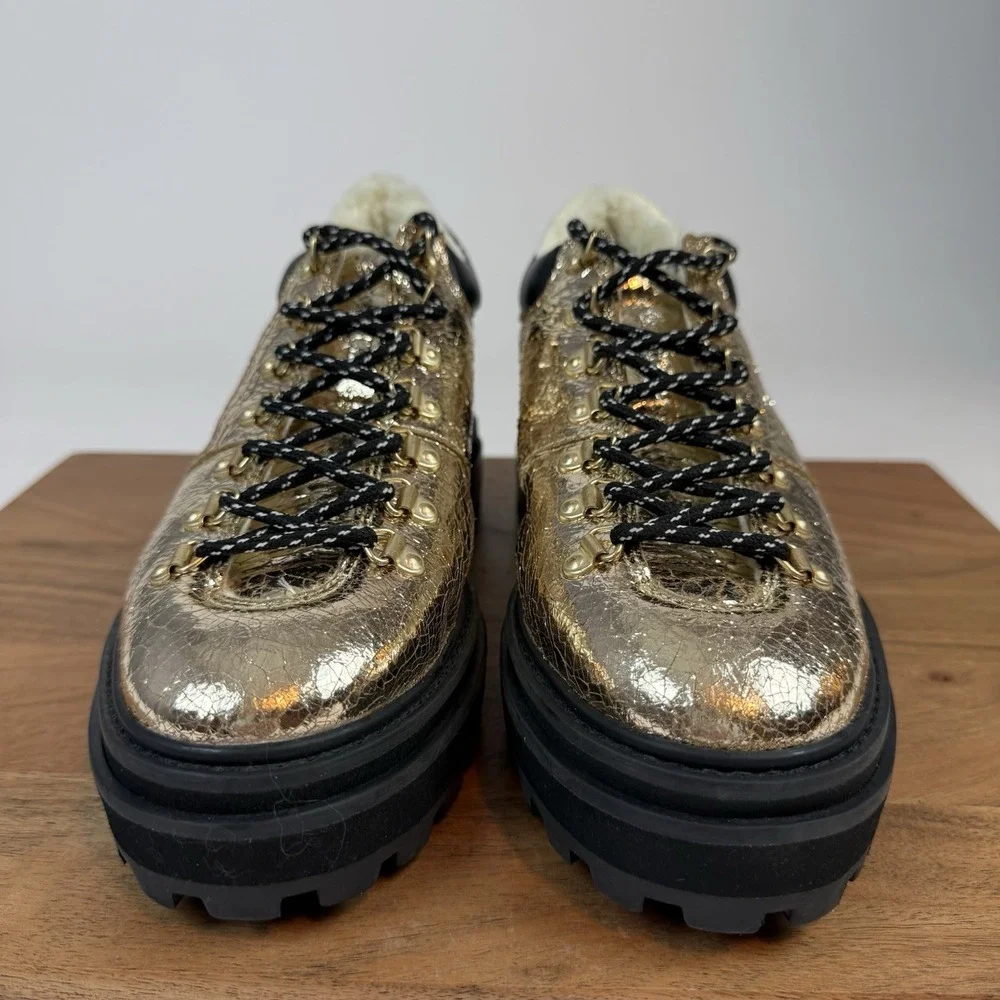 New Womens‎ Schutz Lucille Gold Metallic Leather Lace Up Platform Shoes Size 9.5